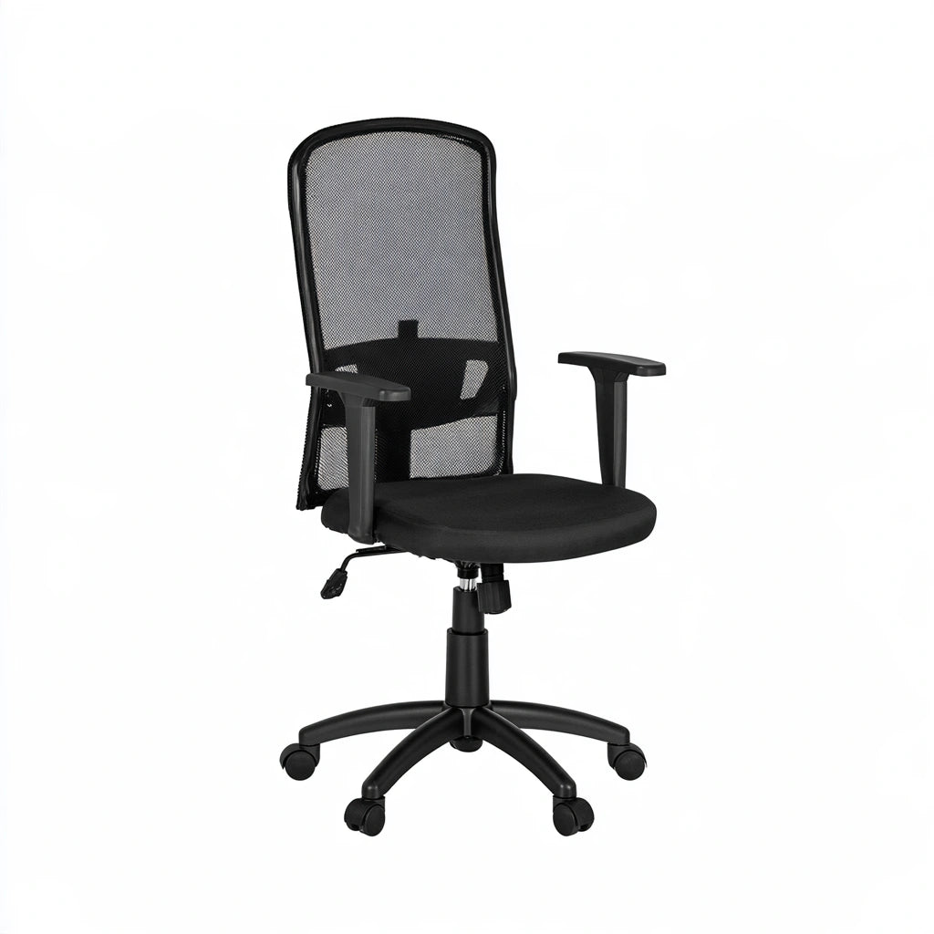 Jastira ergonomic black office chair with high mesh backrest and breathable fabric for comfortable workspace seating.