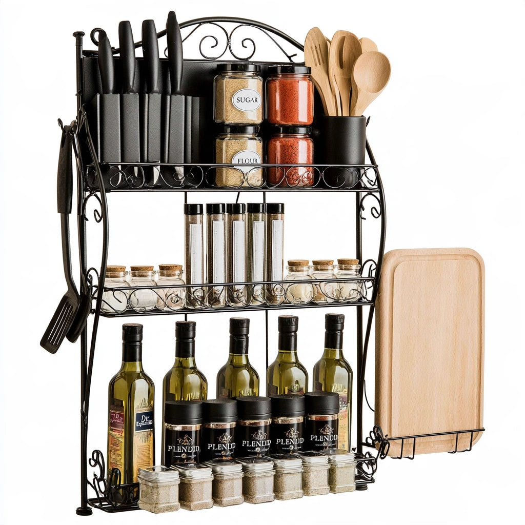 Black metal kitchen rack with three tiers, Jastira brand, ideal for organizing cookware and kitchen essentials.