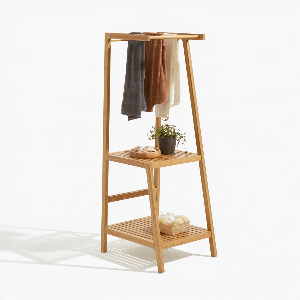Jastira bamboo bathroom rack with towel bar and storage shelf in natural brown finish, ideal for living and garden bathroom organization.