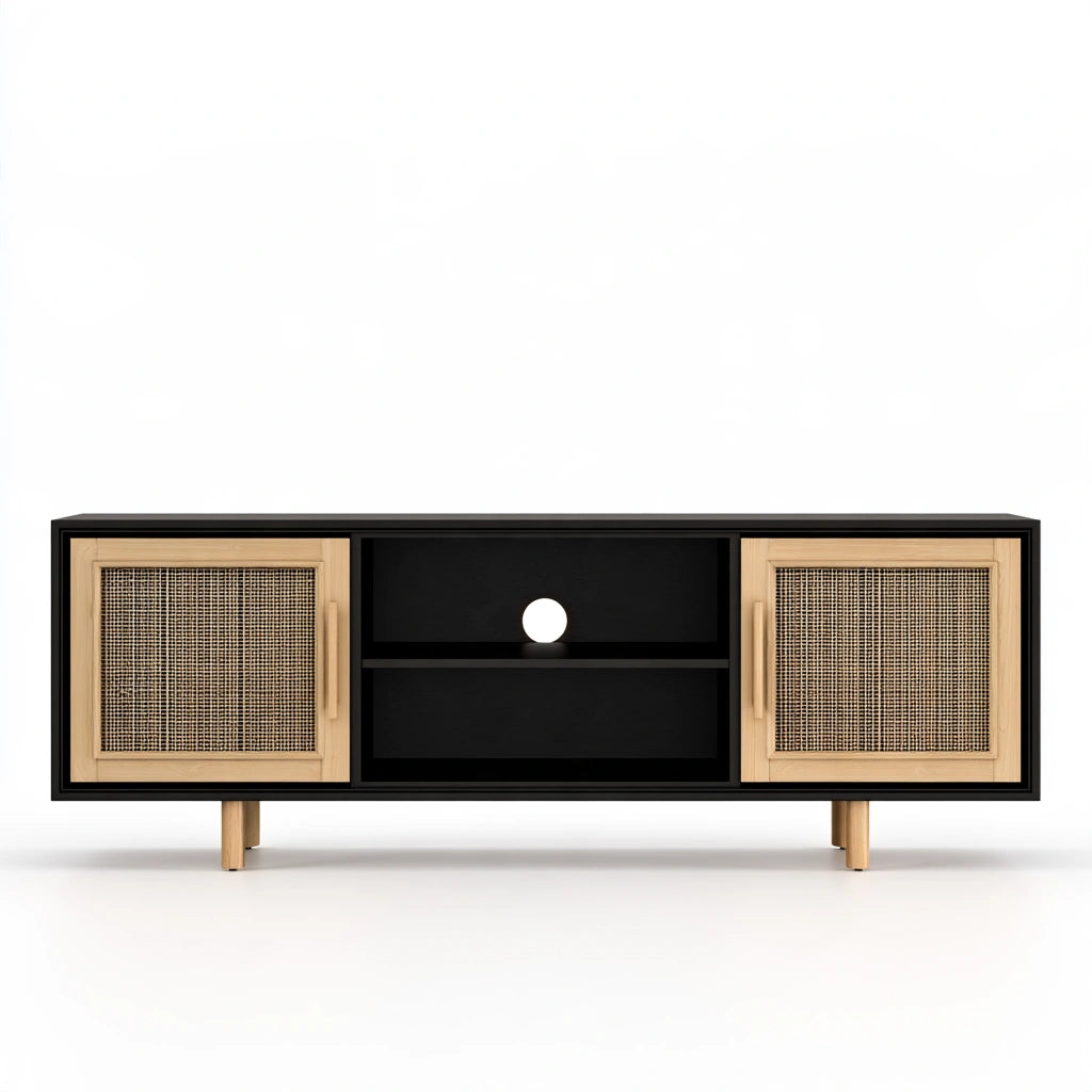 Jastira black and light wood side table for hallway, modern design, with a flat top and storage space, against a white background.