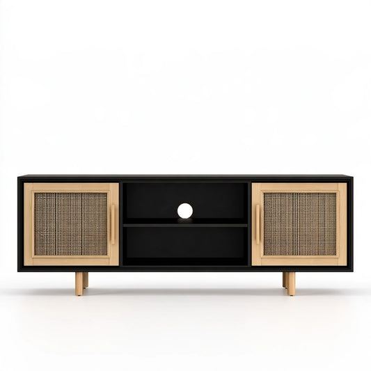 Jastira black and light wood side table for hallway, modern design, with a flat top and storage space, against a white background.