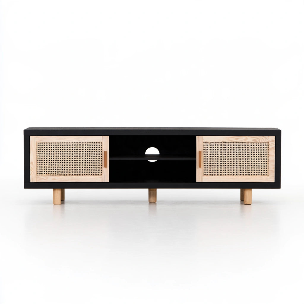 Jastira black and light wood side table for hallway, showcasing a sleek design with black, white, and light brown finish.