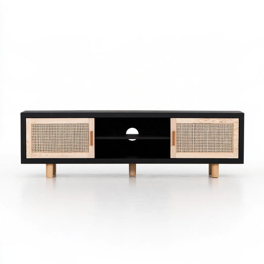 Jastira black and light wood side table for hallway, showcasing a sleek design with black, white, and light brown finish.