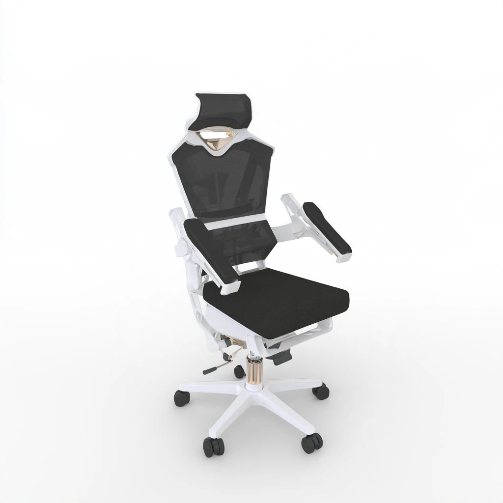 Black and white ergonomic desk chair by Jastira, showcasing the modern office chair with adjustable features and mesh back.