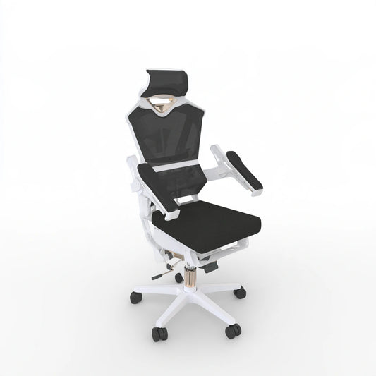 Black and white ergonomic desk chair by Jastira, showcasing the modern office chair with adjustable features and mesh back.