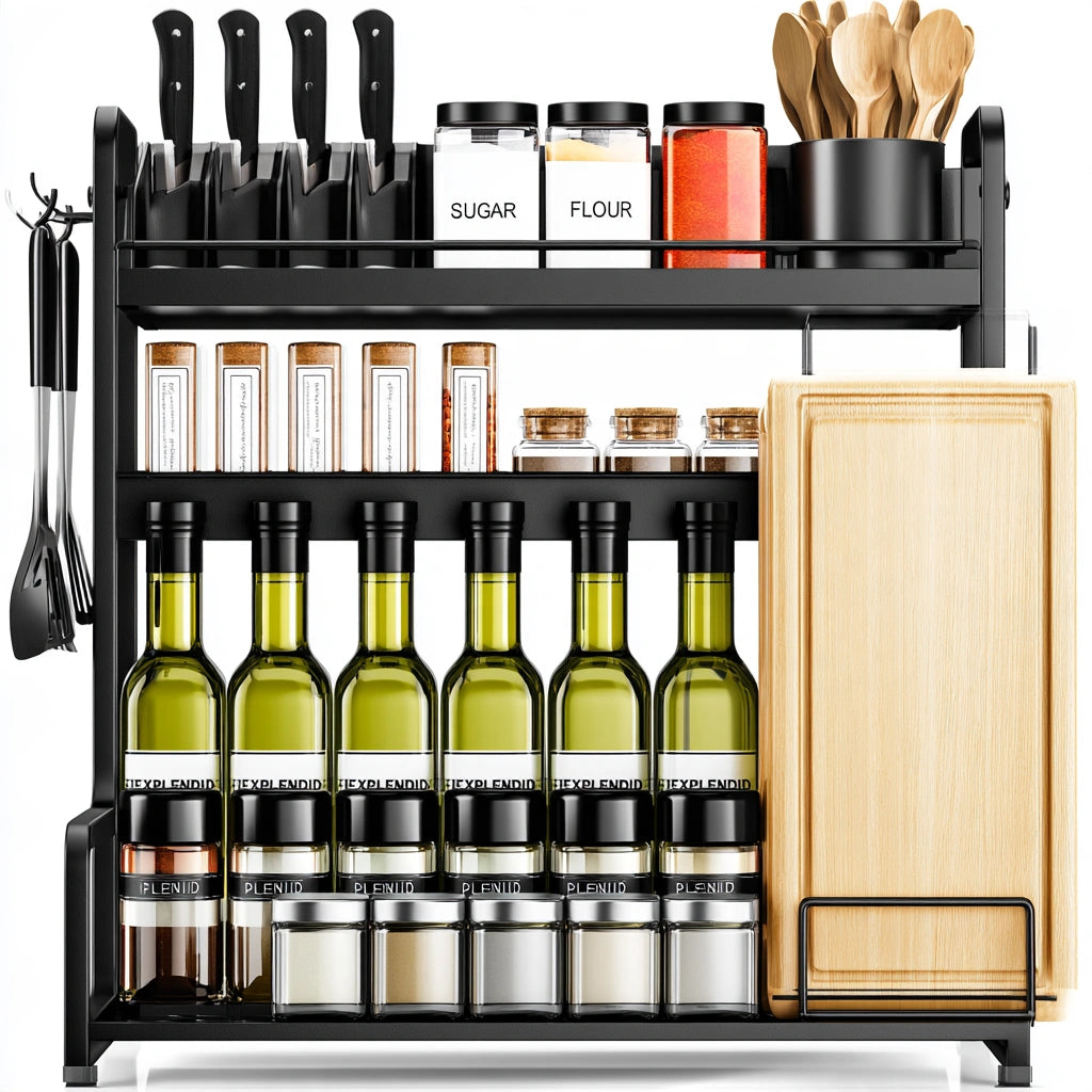 Black metal three-tier kitchen organizer rack by Jastira, ideal for storage in living and kitchen spaces.