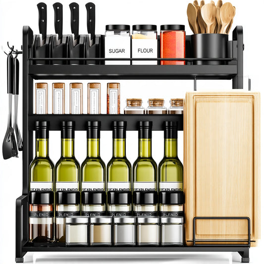 Black metal three-tier kitchen organizer rack by Jastira, ideal for storage in living and kitchen spaces.