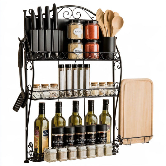 Black metal kitchen rack with three tiers, Jastira brand, ideal for organizing cookware and kitchen essentials.