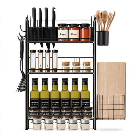 Black metal three-tier kitchen organizer rack by Jastira, sturdy iron storage shelf for kitchen and home organization.