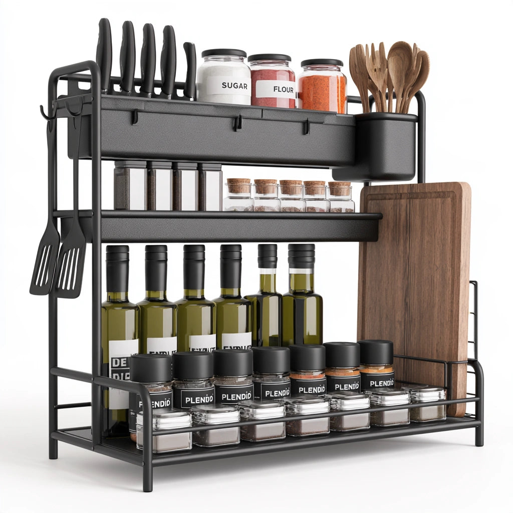 Black metal three-tier kitchen organizer rack by Jastira, with sturdy iron shelves for kitchen storage and organization.