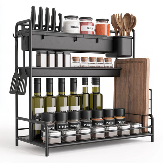 Black metal three-tier kitchen organizer rack by Jastira, with sturdy iron shelves for kitchen storage and organization.