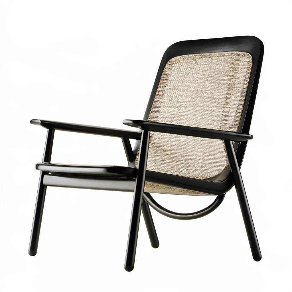 Jastira black lacquered wooden armchair with natural rattan cane, modern accent fauteuil for living room decor.